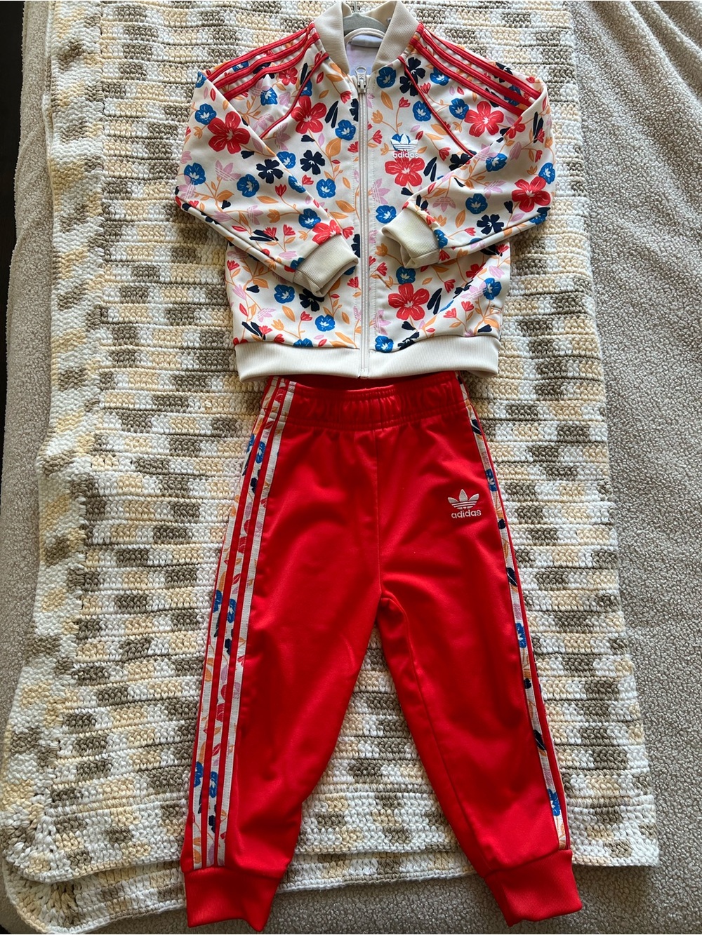 adidas White Floral Track Jacket with Orange/Red Joggers